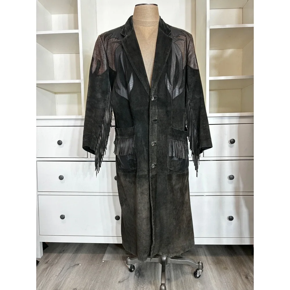 Vintage 80s Mens Black Suede Western Duster Coat Fringe Leather Overlays Size 42